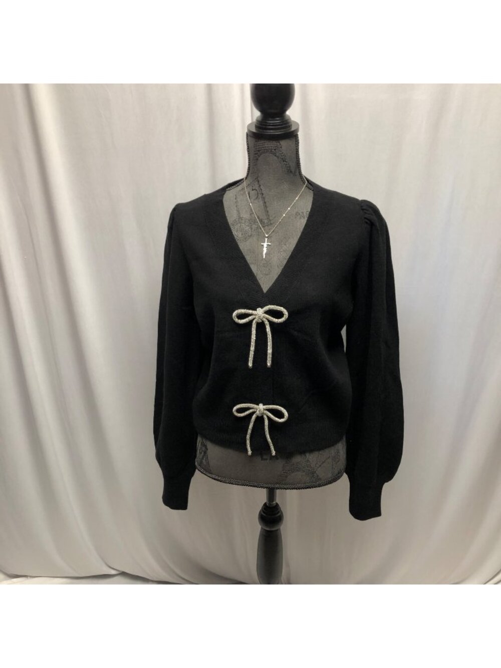Express Black Sweater Womens Size Large Puff Sleeves Silver Bow Accents NEW